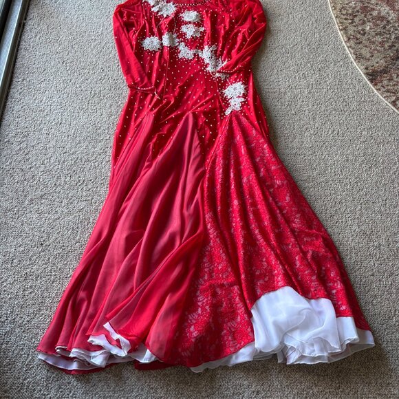 Red Sequin Lace Ballroom Dance Gown Mesh Sleeves L Holiday Glam Pageant Evening - Picture 2 of 16